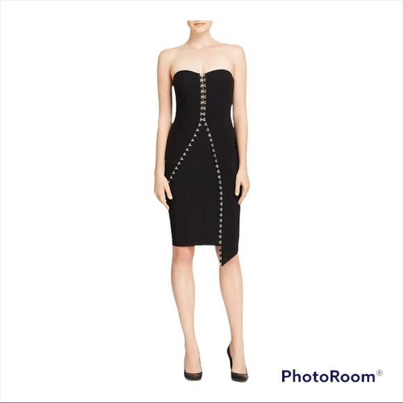 NWT BEC + BRIDGE Black Lace Up Corset Strapless Asymmetrical Midi Dress Size 2 - Picture 2 of 10